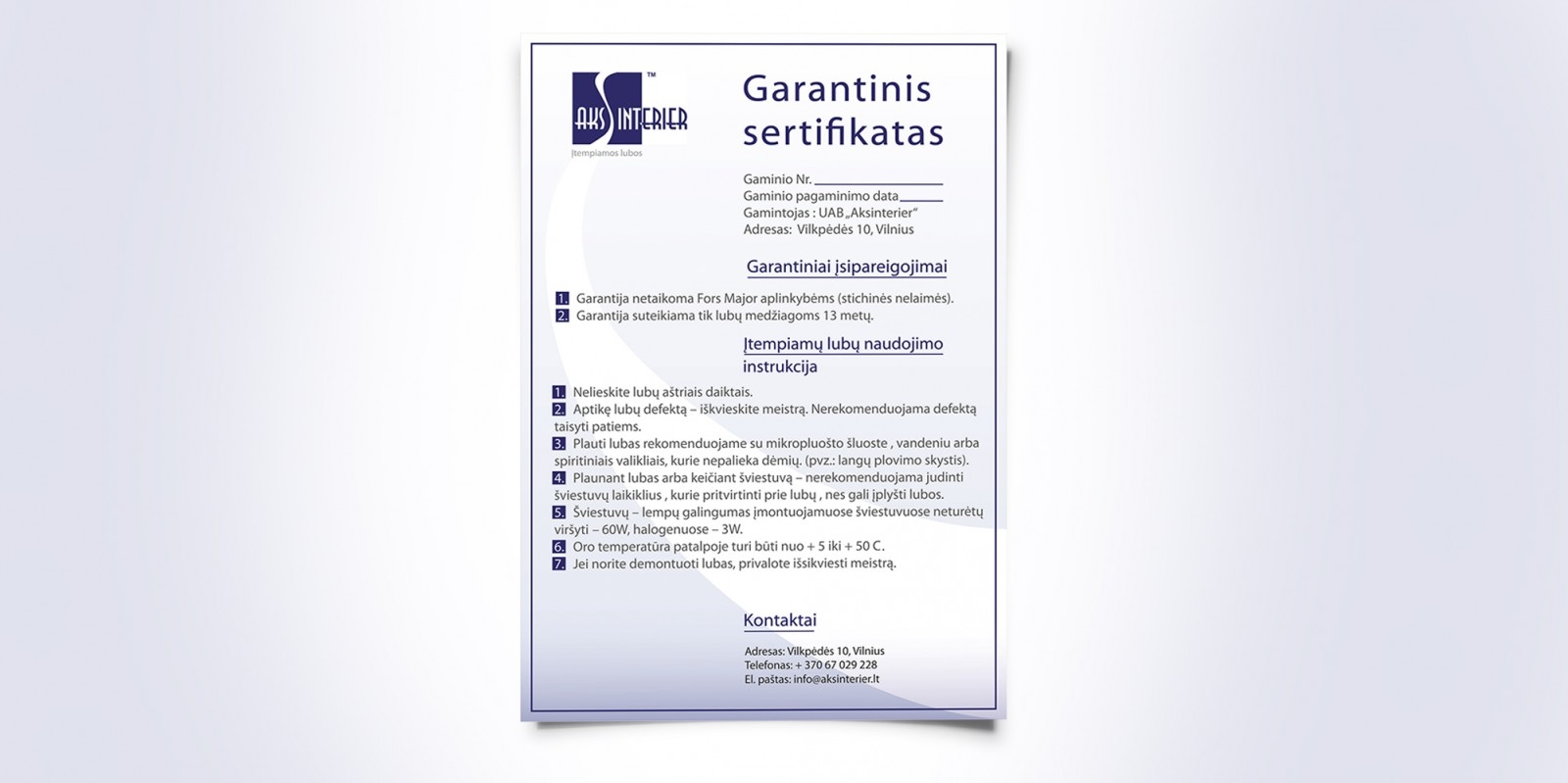 "Aksinterier" warranty certificate - garantinis sertifikatas
